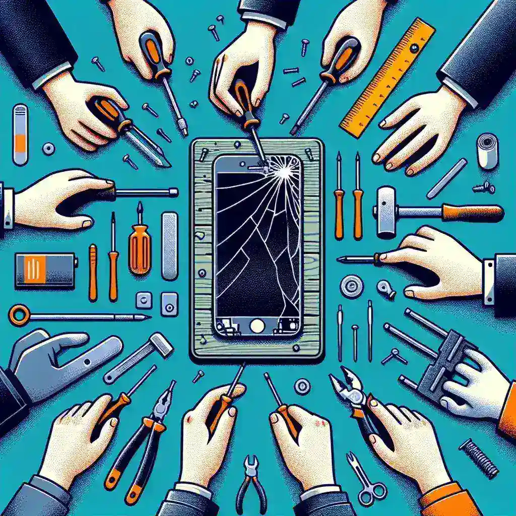 "Imagem de um técnico realizando reparo em celular, trocando tela rachada e substituindo bateria em um smartphone, ilustrando o guia de Reparo de Celular DIY para leigos."