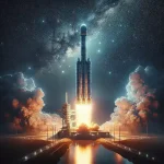 "SpaceX Starship launching for heavy payload mission to low Earth orbit with vibrant flames and smoke, set against a clear blue sky."
